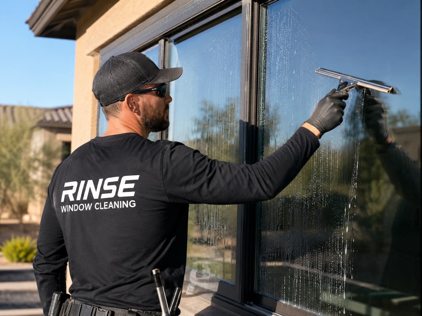 Rinse Window Cleaning technician squeegeeing a home's picture window