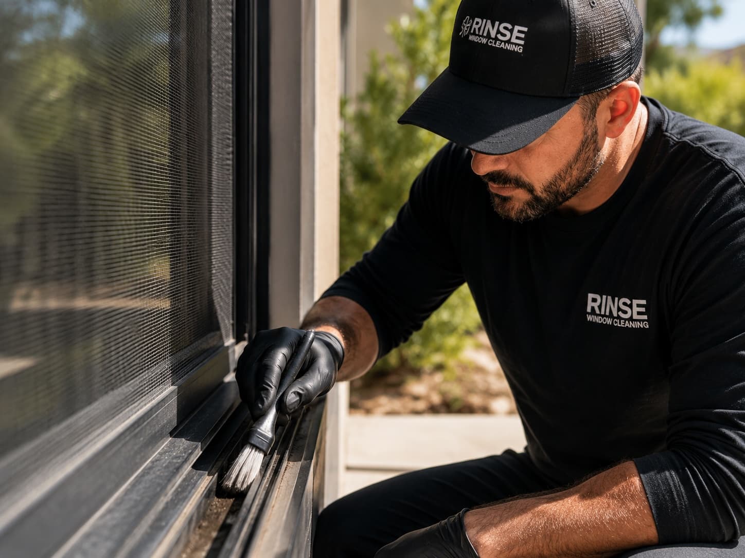 Rinse Window Cleaning technician detailing a window track with a brush