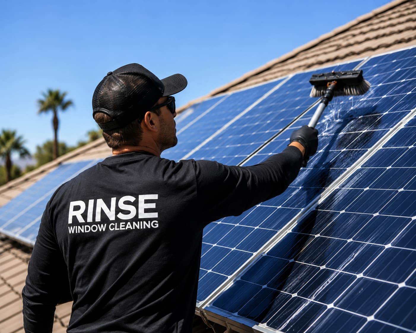 Rinse Window Cleaning technician washing rooftop solar panels with a soft brush