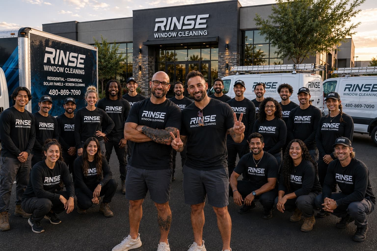 The Rinse Window Cleaning team with their branded vans outside their headquarters
